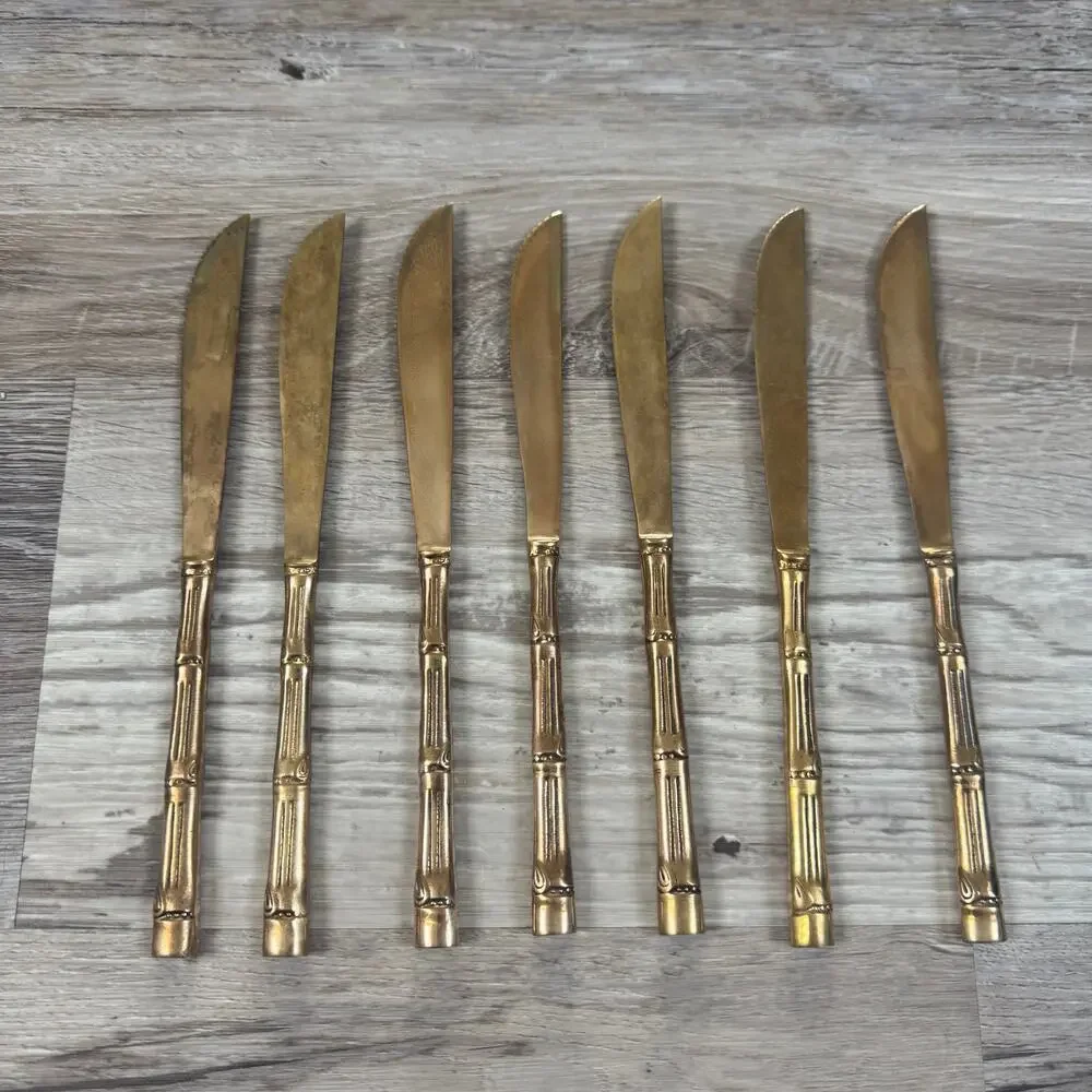Vintage Gold Bamboo Handle Steak Knives Set 7 Flatware Retro Dining
